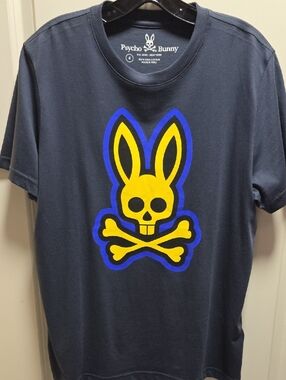 Psycho Bunny Navy T-Shirt with Yellow Skull Bunny and Blue Outline